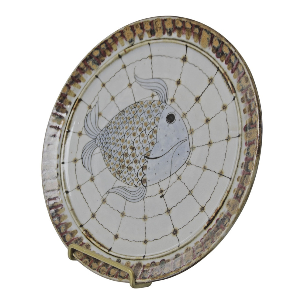 VINTAGE MEXICO STUDIO POTTERY FISH PLATE 11” SIGNED MODERNIST CRACKED AS IS - Picture 4 of 10